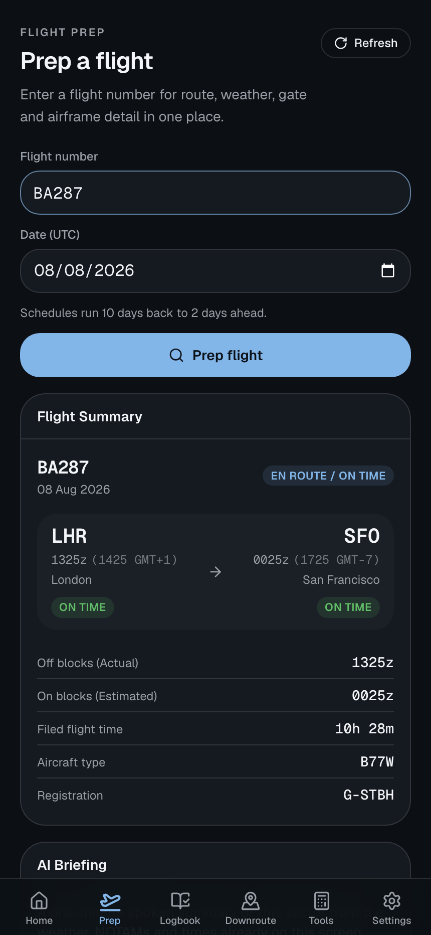 Wingman flight prep with a live flight summary